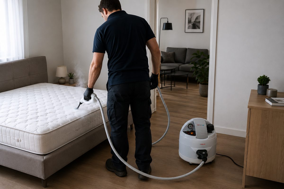 Technicien réalisant un traitement thermique sur un matelas